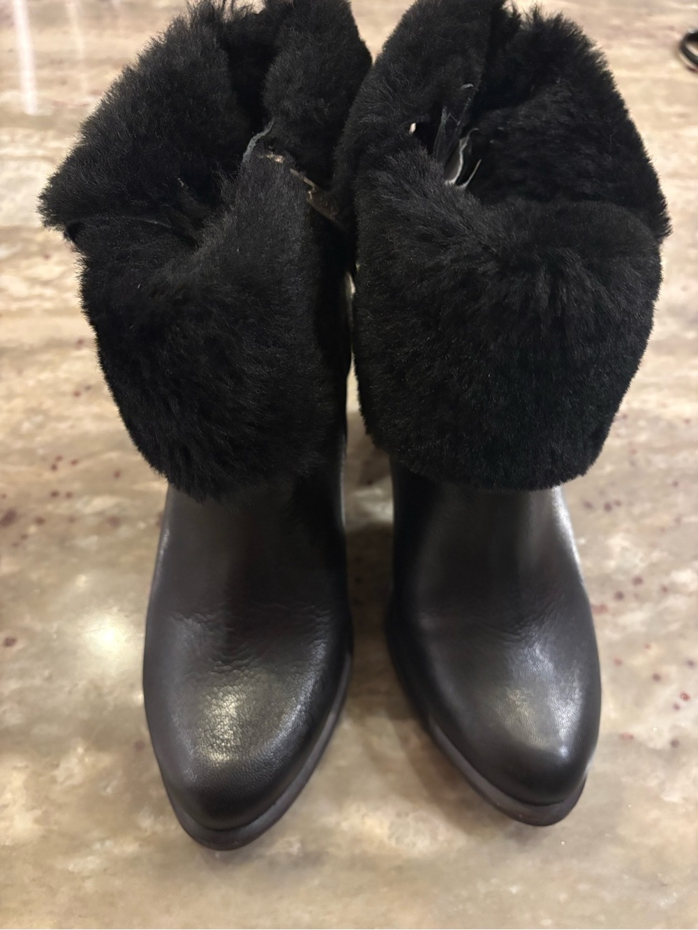 UGG Black Leather Heeled Ankle Boots with Fur Cuff